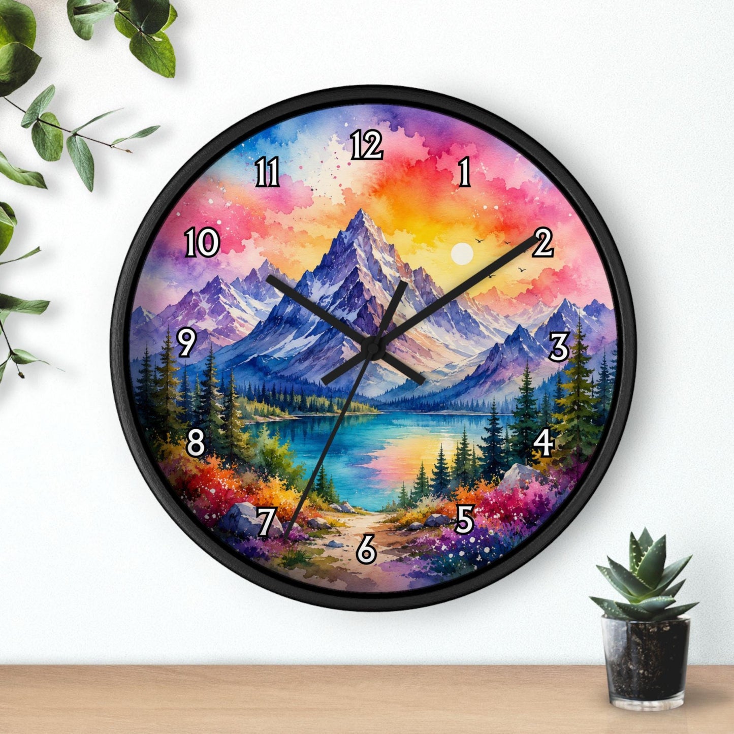 Silent Wall Clock, 10" x 10" Wood Frame, Mountain Watercolor Artwork
