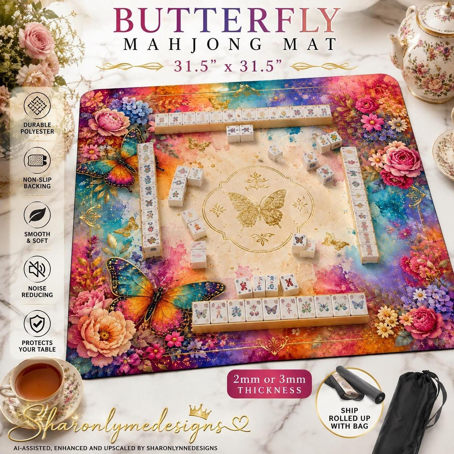 Butterfly Mahjong Playing Mat 31.5" x 31.5", Non-Slip Table Mat with Storage Bag