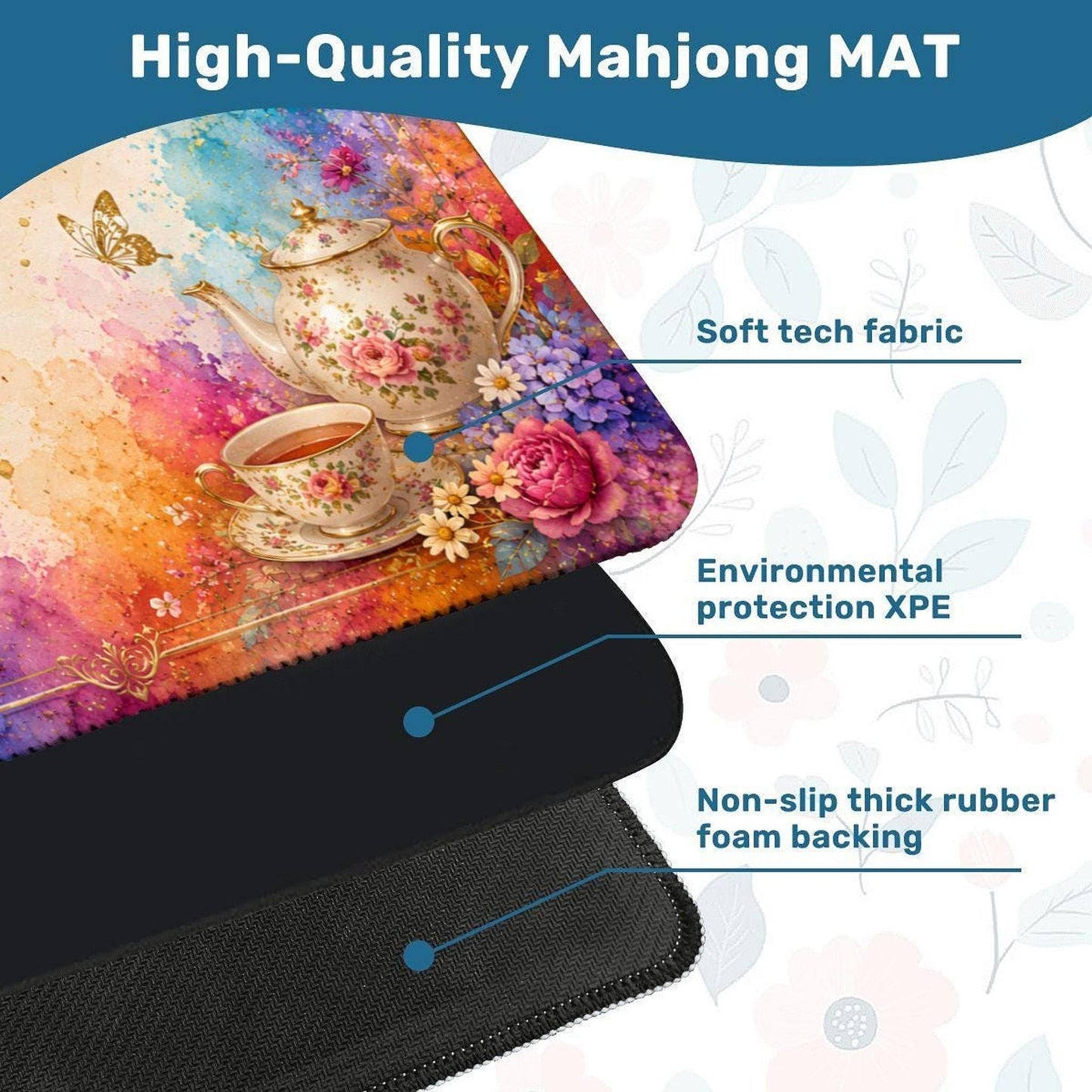 Butterfly Mahjong Playing Mat 31.5" x 31.5", Non-Slip Table Mat with Storage Bag