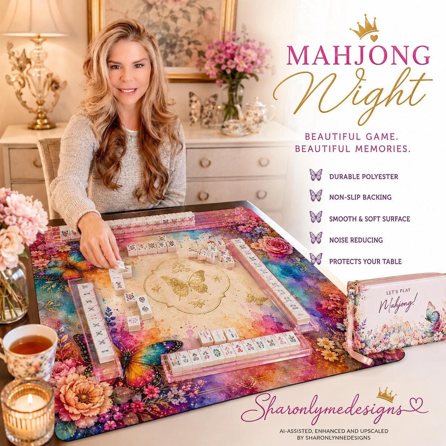 Butterfly Mahjong Playing Mat 31.5" x 31.5", Non-Slip Table Mat with Storage Bag