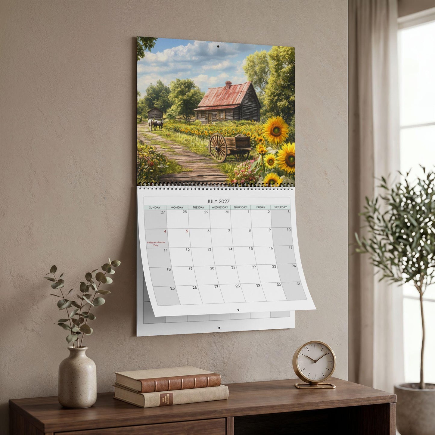2027 Wall Calendar, Rustic Farmhouse Art with Barn Scene and Floral Fields
