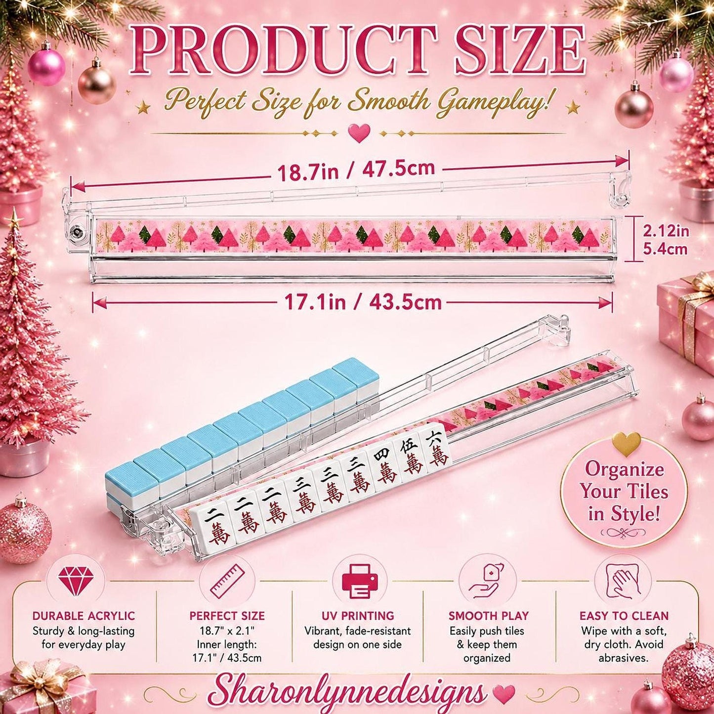 Pink Mahjong Rack Set, 4pcs Festive Acrylic with Christmas Tree Design