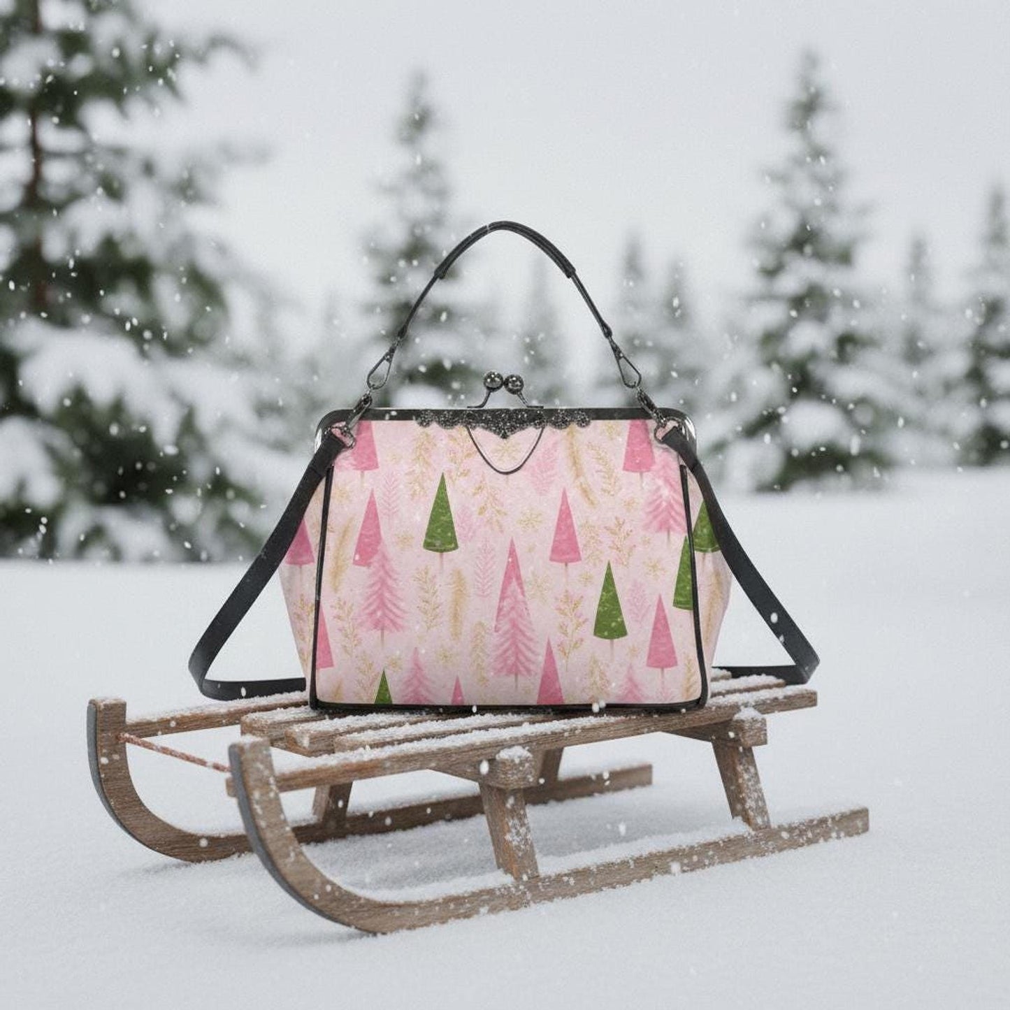 Pink Tree Kiss Lock Crossbody Shoulder Bag | Vintage Christmas Handbag