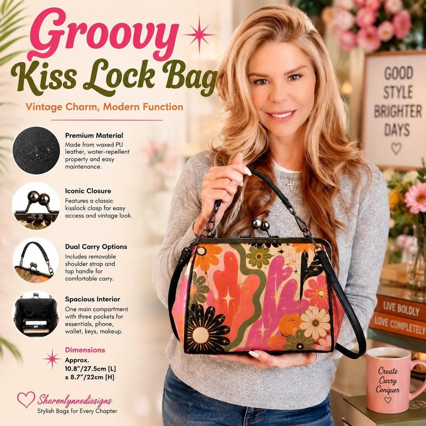 Groovy Retro Kiss Lock Bag | Vintage-Inspired Waxed PU Leather Crossbody & Top Handle Purse