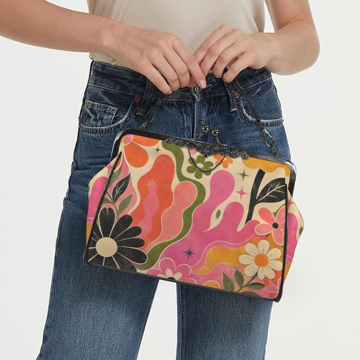 Groovy Retro Kiss Lock Bag | Vintage-Inspired Waxed PU Leather Crossbody & Top Handle Purse