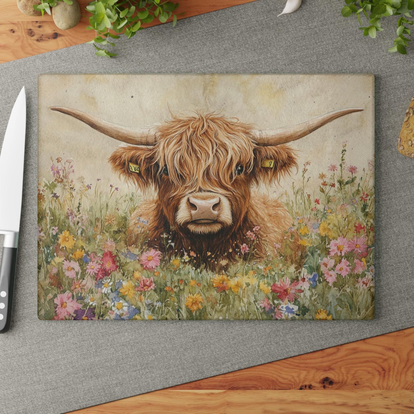 Highland Cow Cutting Board, Durable Tempered Glass with Rustic Watercolor Design