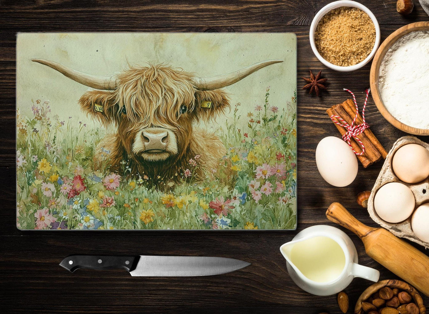 Highland Cow Cutting Board, Durable Tempered Glass with Rustic Watercolor Design