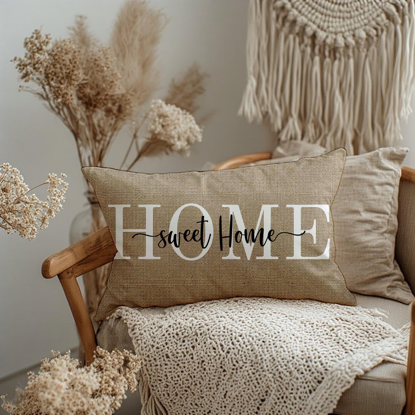 Farmhouse Lumbar Pillow, Beige Burlap Accent Cushion for Rustic Decor