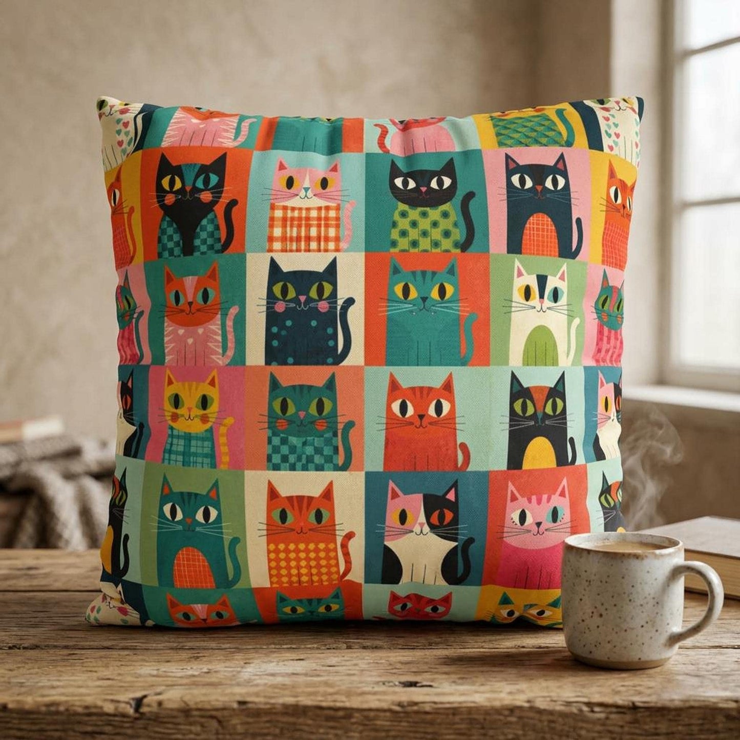 Colorful Retro Cat Pillow, Soft Faux Suede Cushion with Double-Sided Print