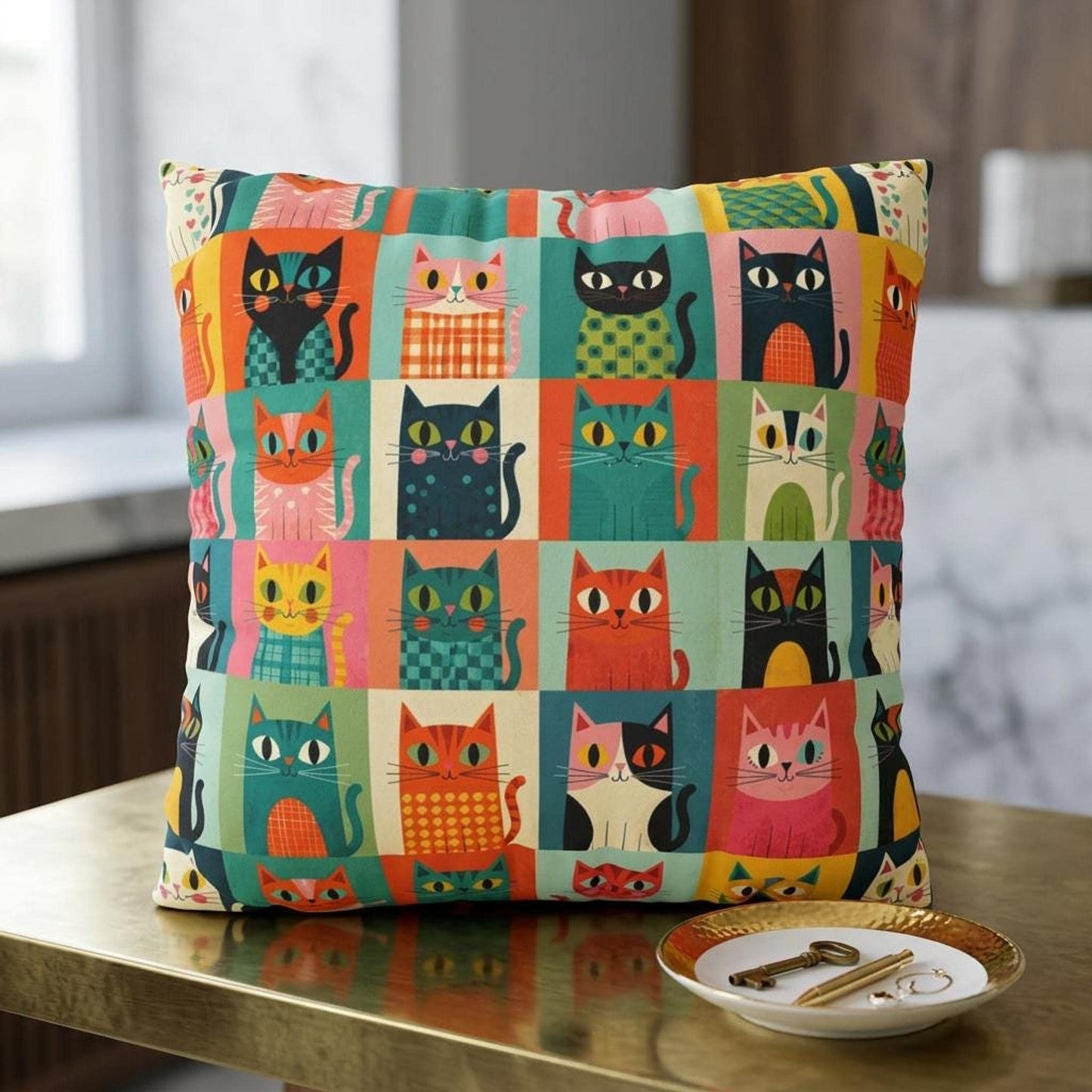 Colorful Retro Cat Pillow, Soft Faux Suede Cushion with Double-Sided Print