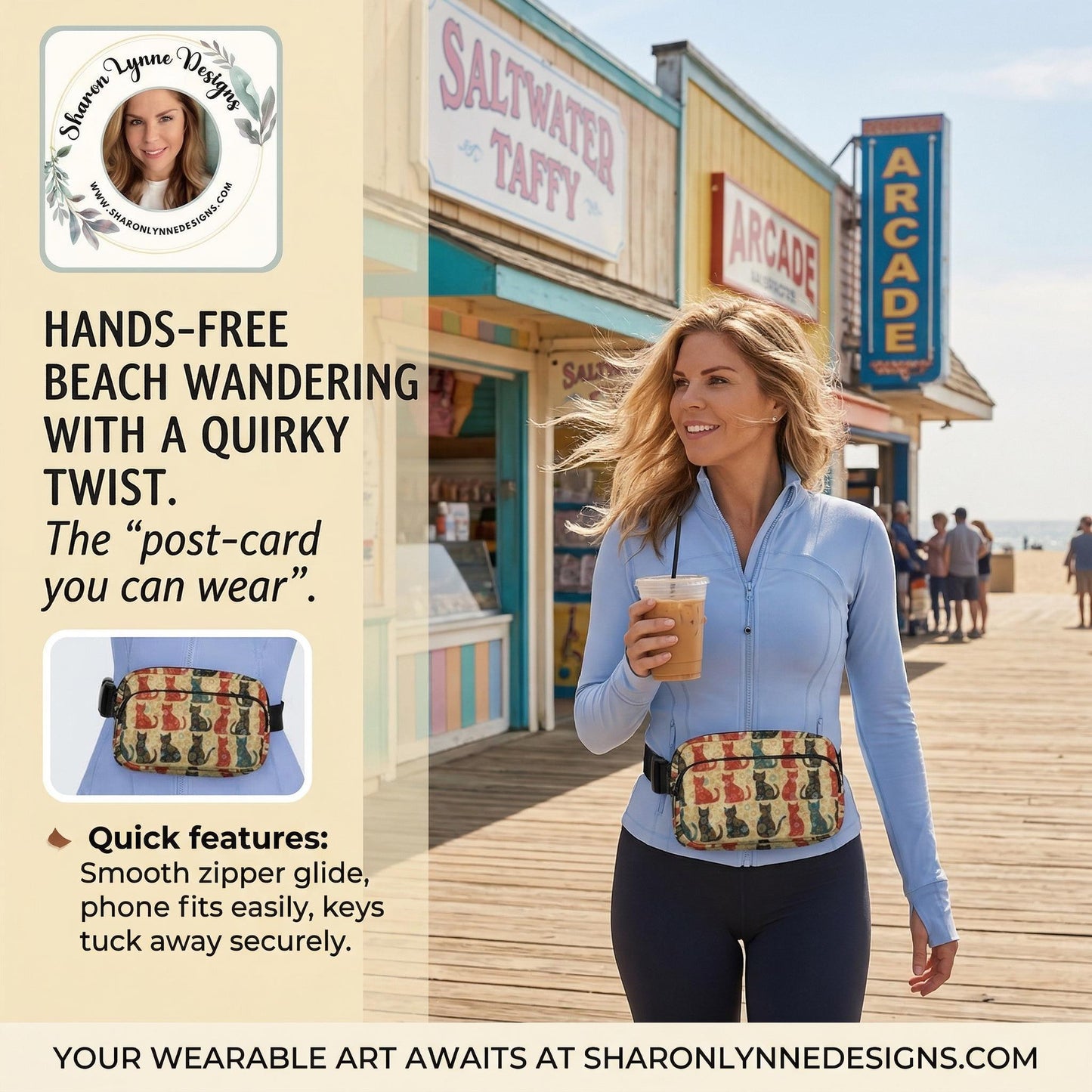Cat Print Fanny Pack, Vintage-Inspired Waist Bag in Durable Twillcloth