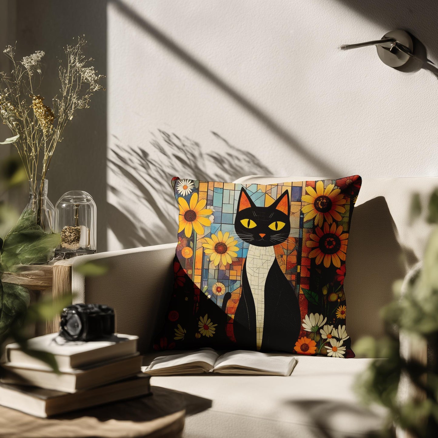 Retro Cat Pillow with Floral Design, Faux Suede Boho Home Decor