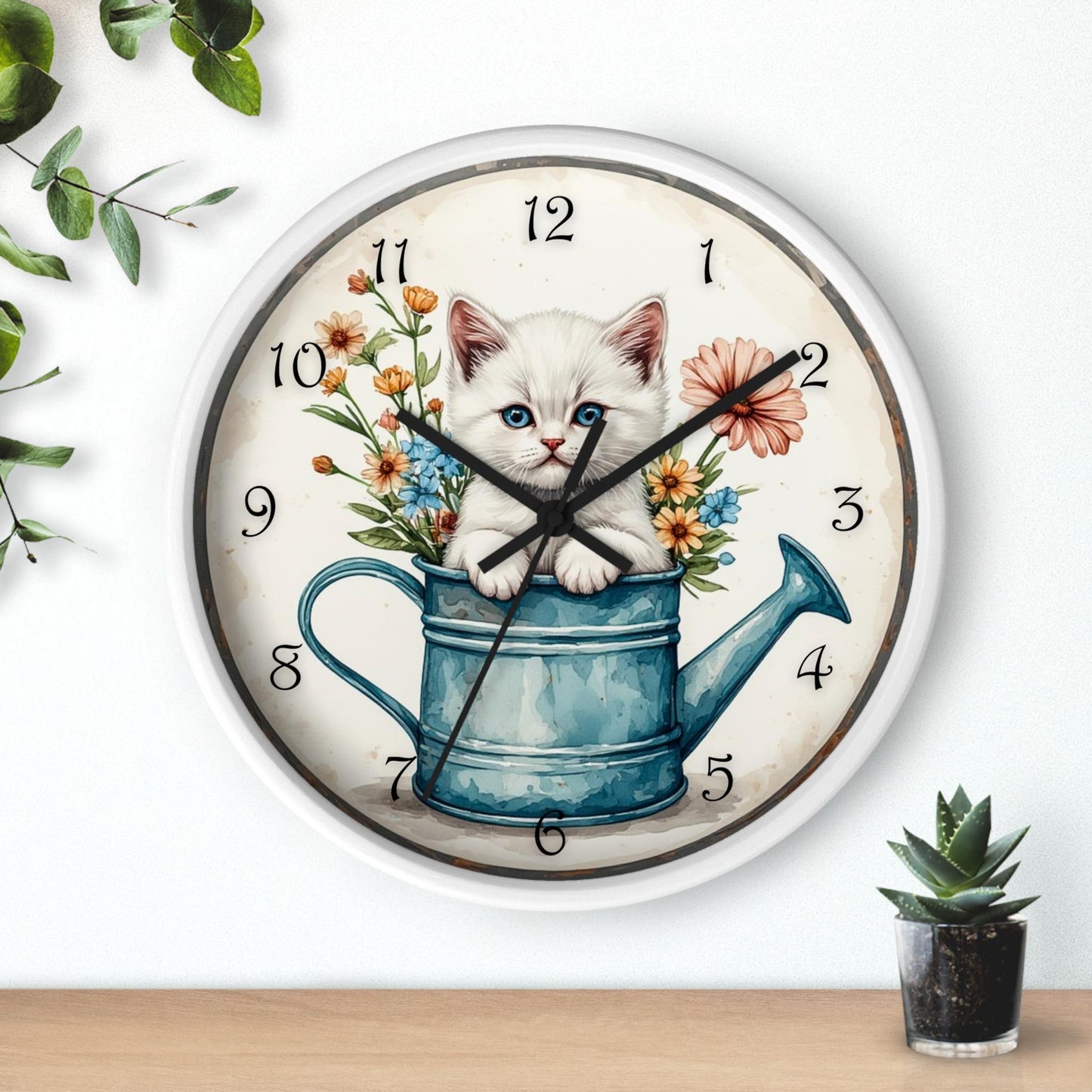 Kitten Wall Clock in White Watering Can Design, Rustic Farmhouse Decor with Silent Mechanism