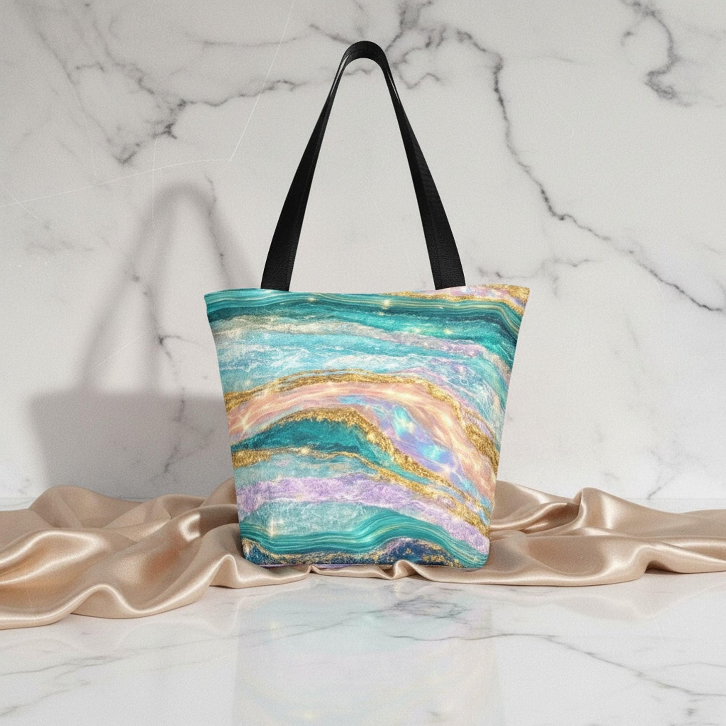 Turquoise Tote Bag, Ocean-Inspired Summer with Zipper Closure
