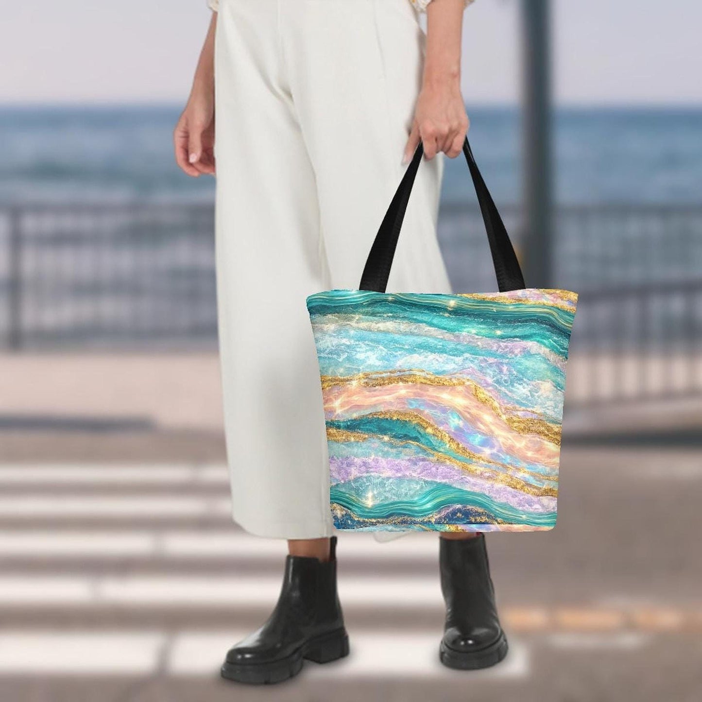 Turquoise Tote Bag, Ocean-Inspired Summer with Zipper Closure