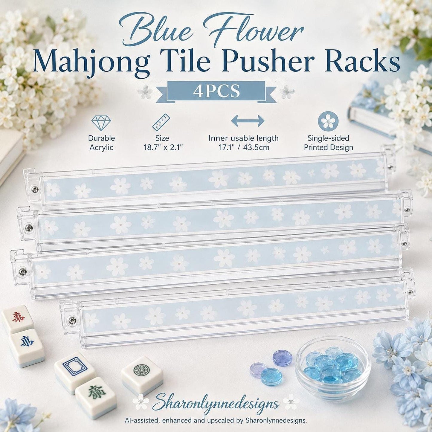 Blue Floral Mahjong Racks Set of 4, Acrylic Tile Pushers with Card Holder