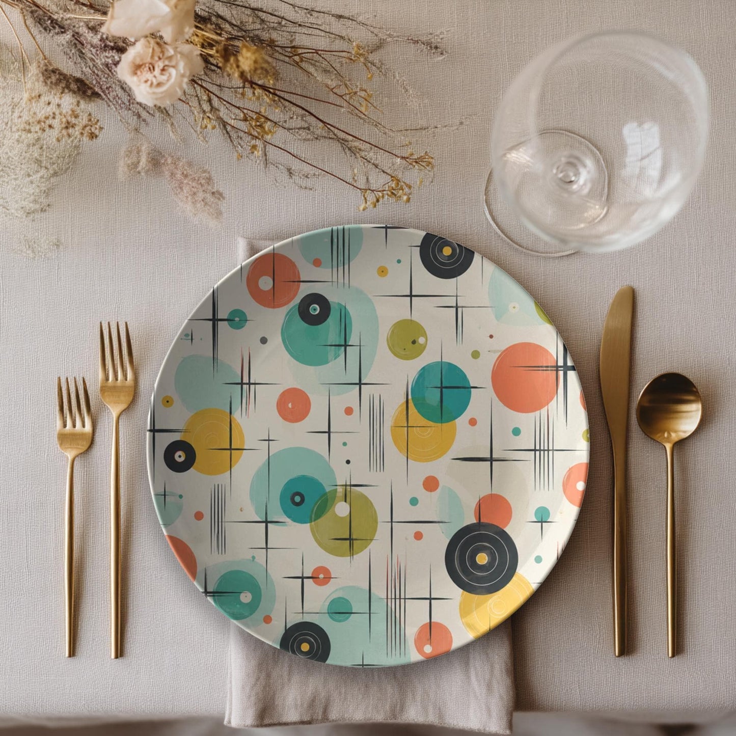 Retro Dinner Plate with Atomic Design, 10 Inch Microwave Safe Tableware