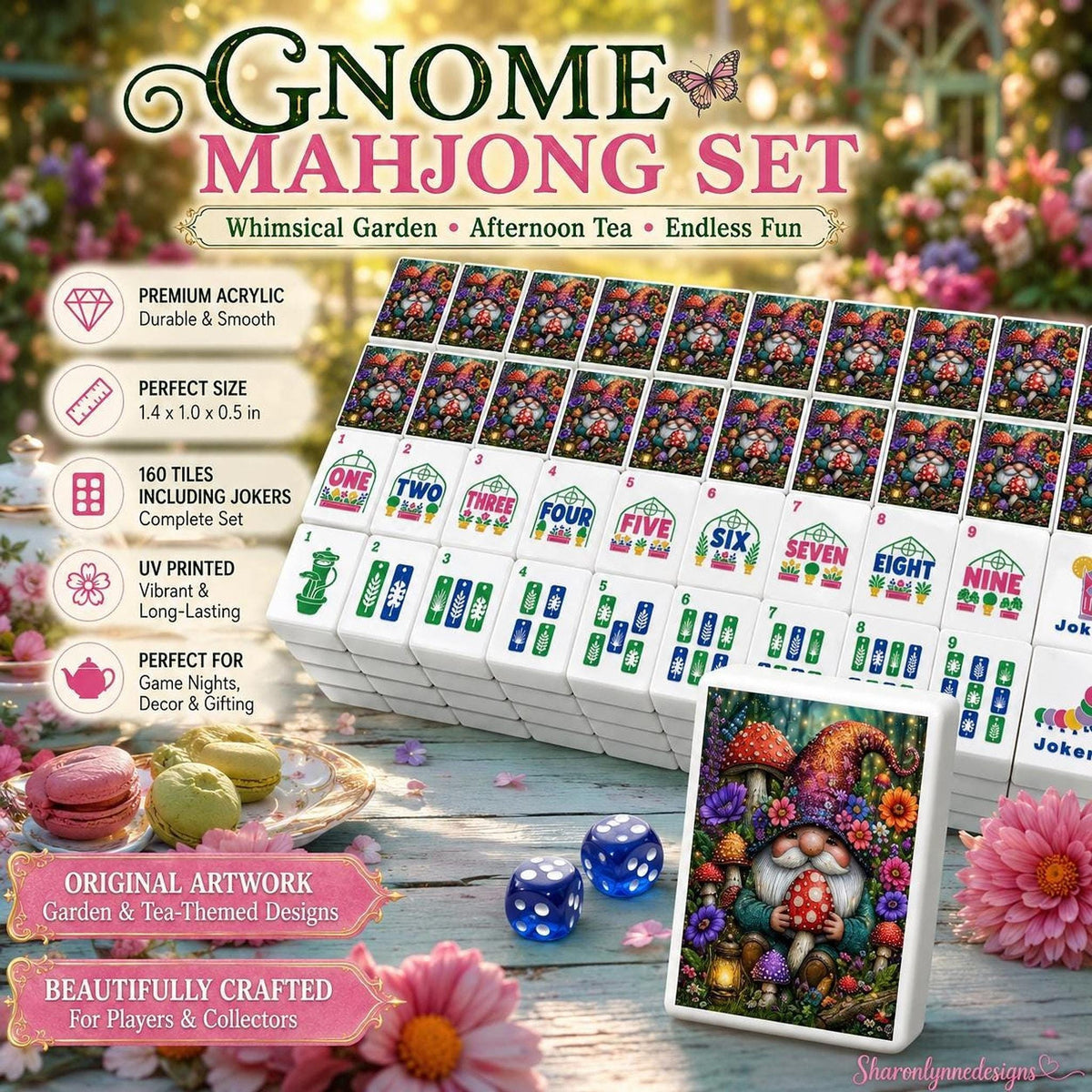 Gnome Mahjong Tiles Set | Floral Garden Style Acrylic Complete 160-Piece