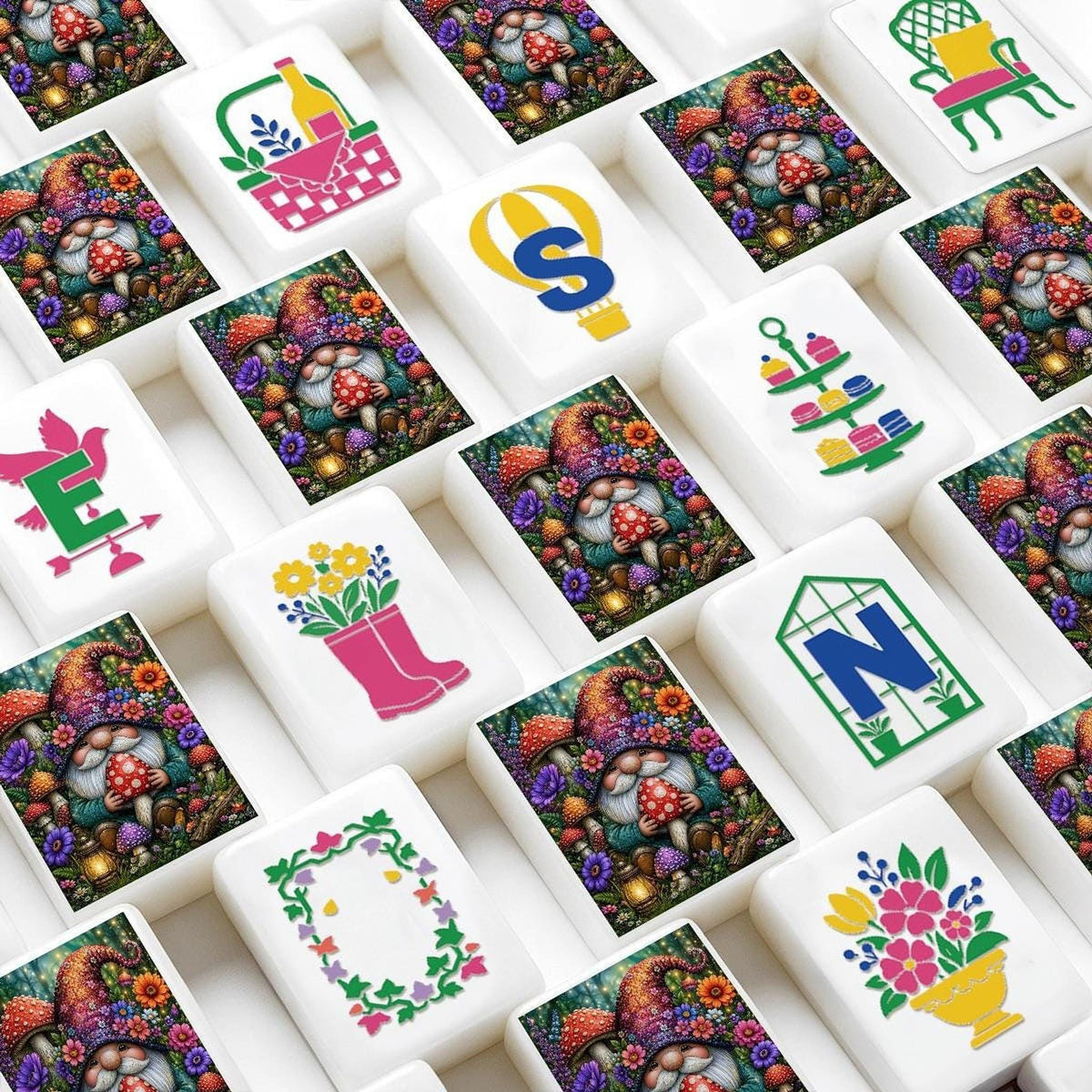 Gnome Mahjong Tiles Set | Floral Garden Style Acrylic Complete 160-Piece