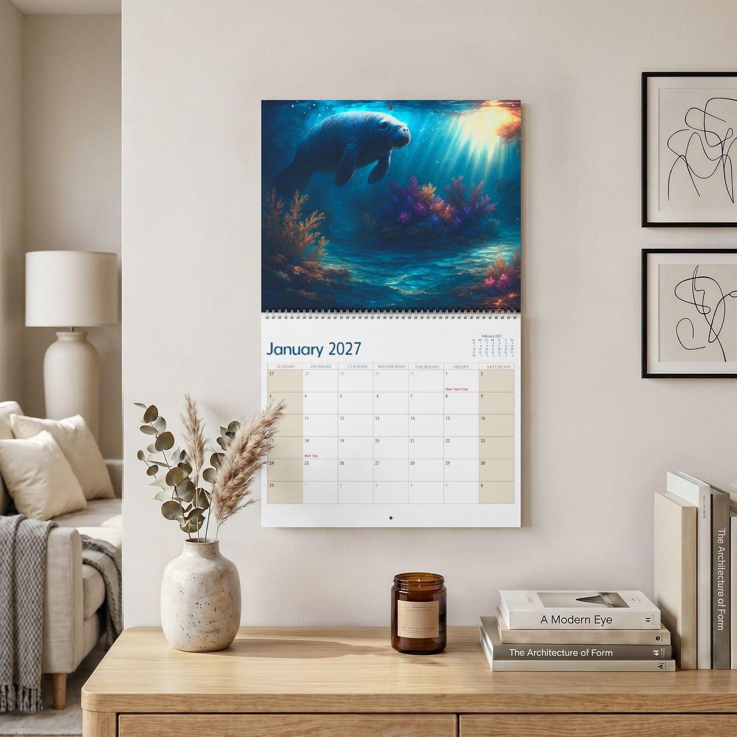 Manatee Illustrated Wall Calendar 2027, Ocean Wildlife Monthly Planner