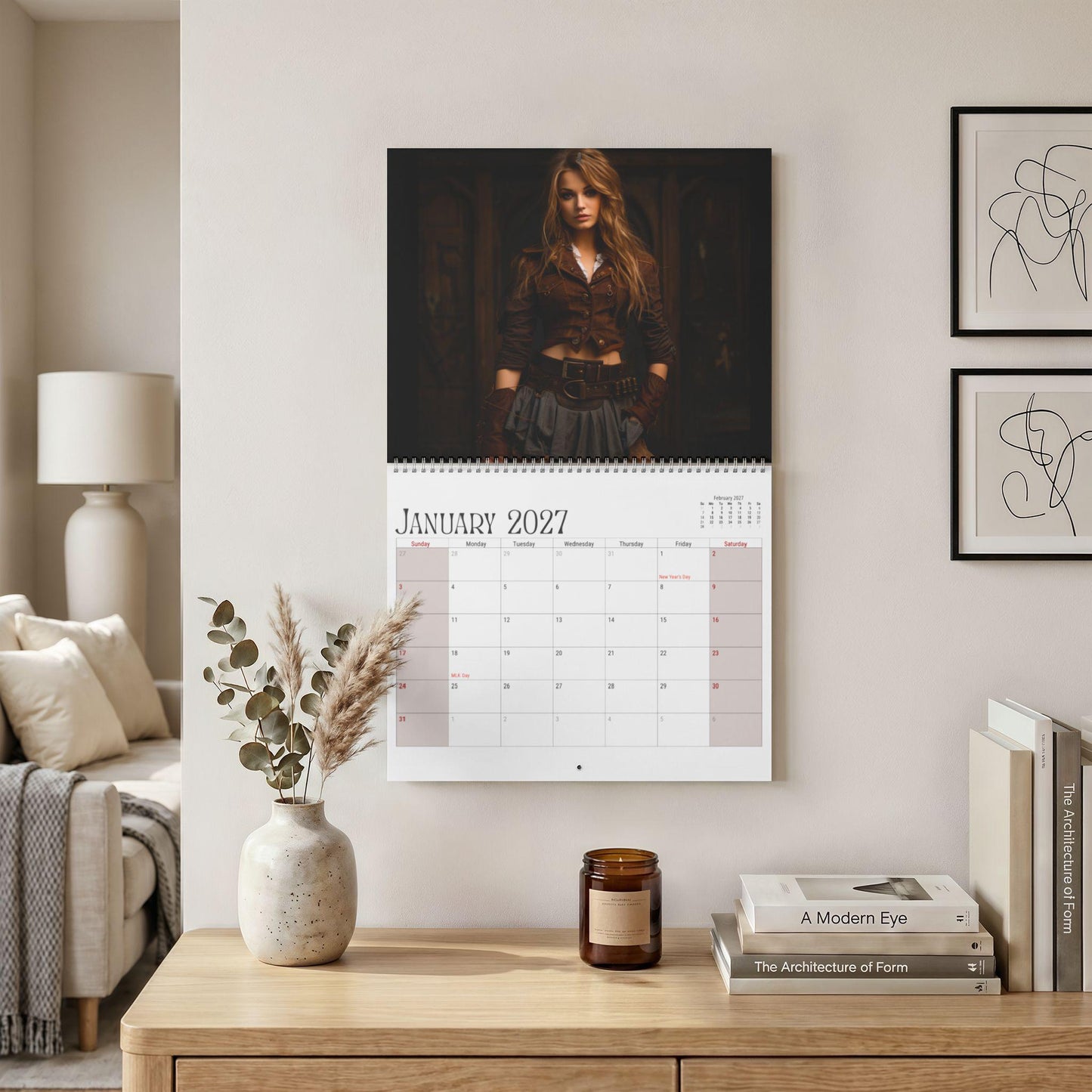 Steampunk Calendar 2027, Monthly Spiral Wall with Writable Matte Grid