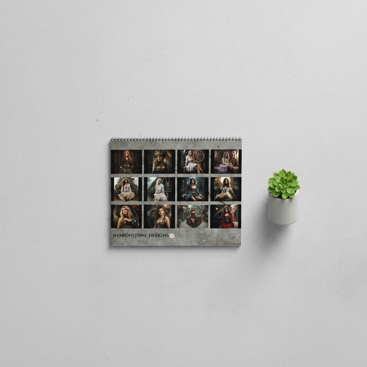 Steampunk Calendar 2027, Monthly Spiral Wall with Writable Matte Grid