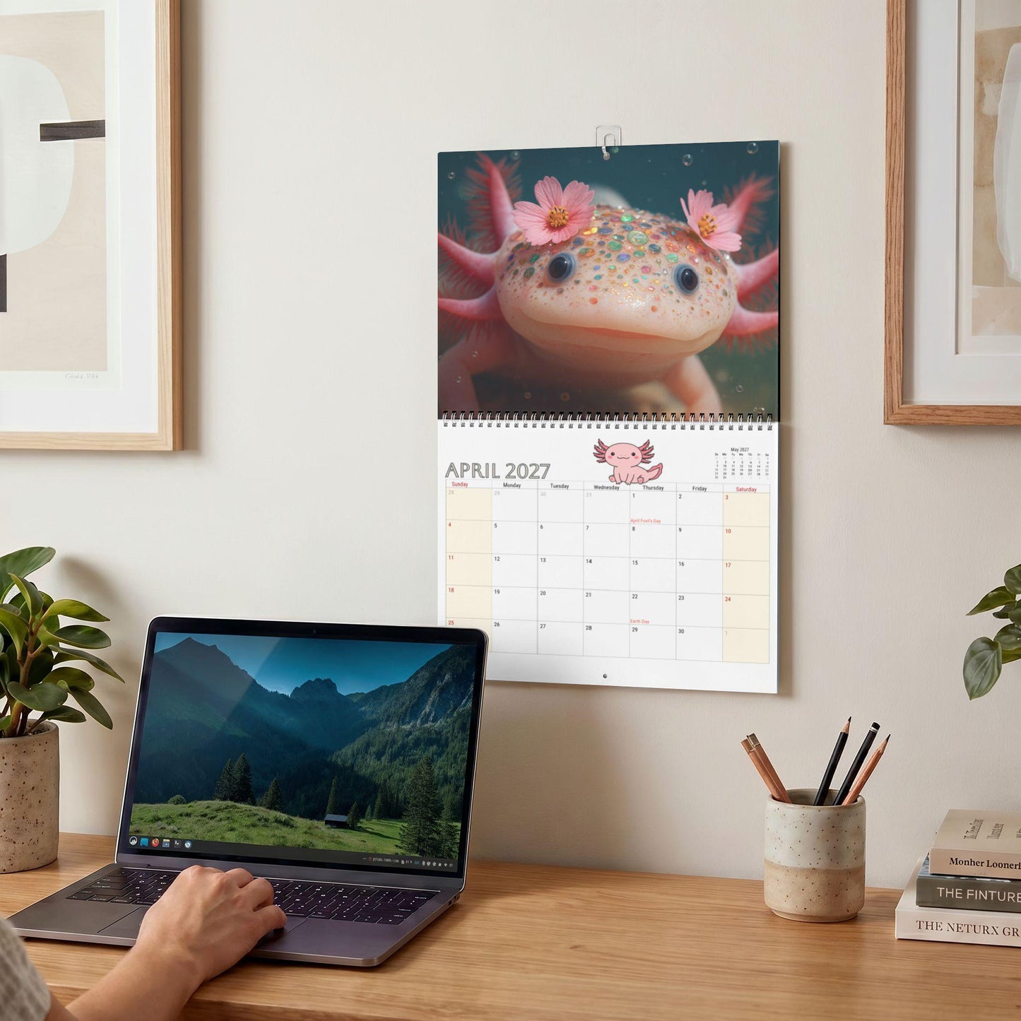 Axolotl Calendar 2027, Illustrated Monthly Wall with Writable Grids