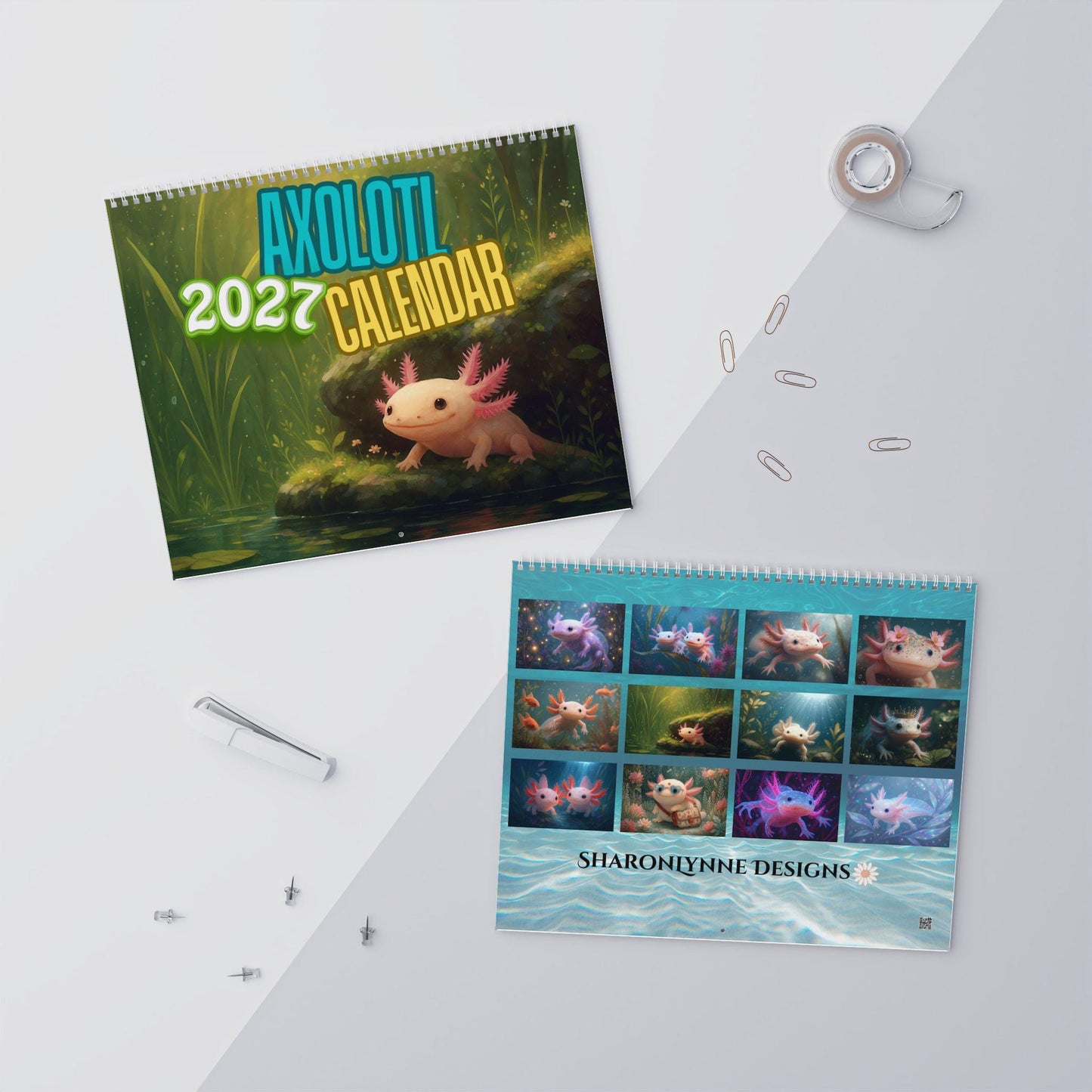 Axolotl Calendar 2027, Illustrated Monthly Wall with Writable Grids