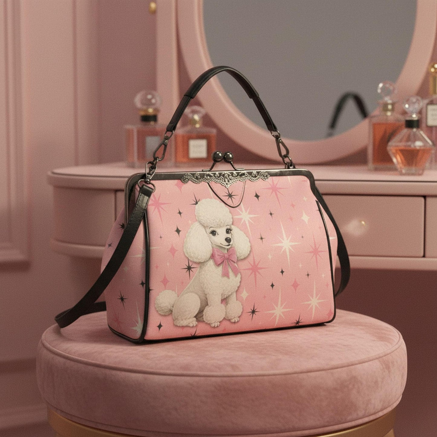 Retro Poodle Bag, Vintage Kiss Lock Handbag in Pink with White