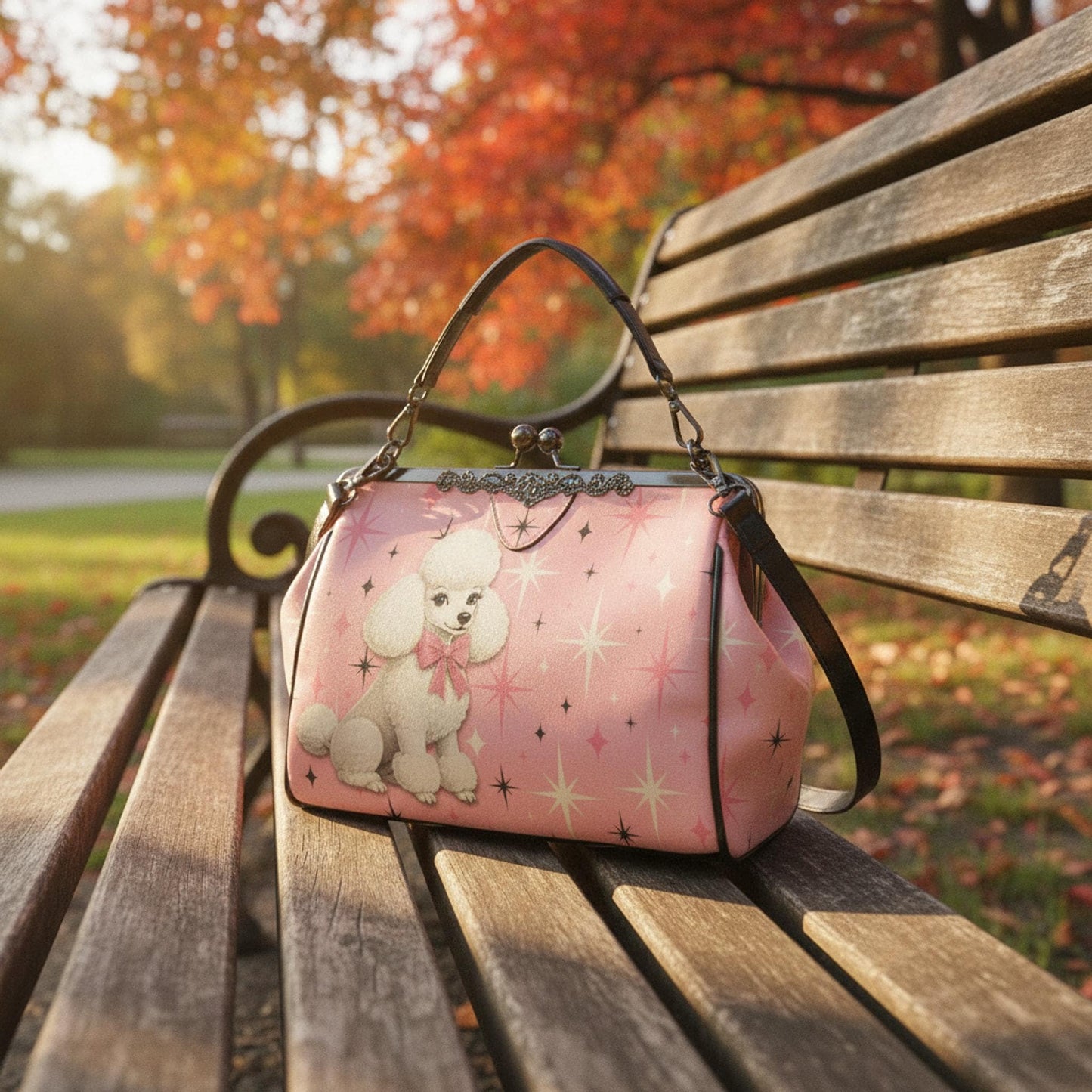 Retro Poodle Bag, Vintage Kiss Lock Handbag in Pink with White