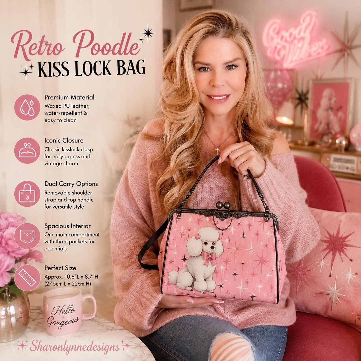 Retro Poodle Bag, Vintage Kiss Lock Handbag in Pink with White