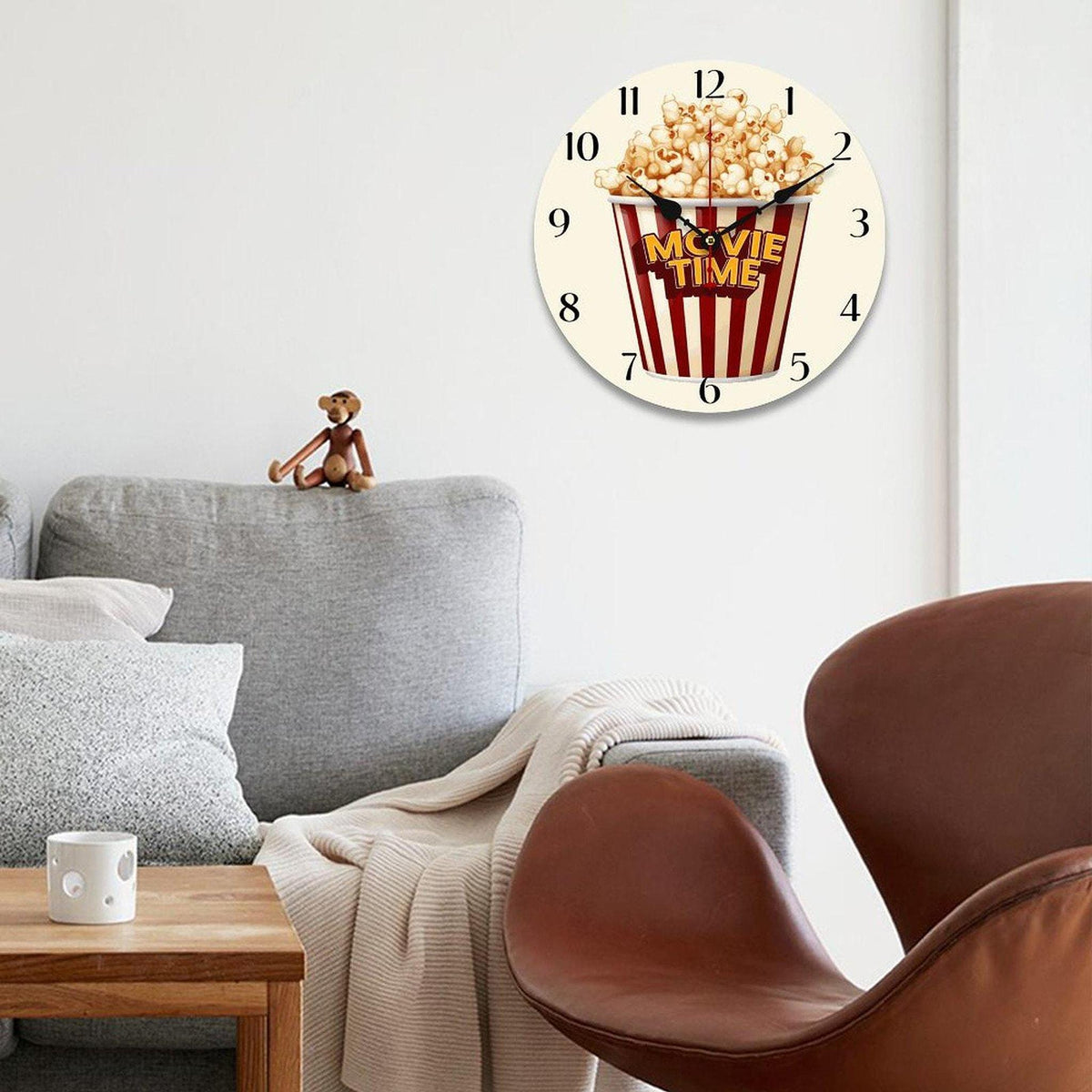 Popcorn Wall Clock for Cinema Lovers - Red Movie Night Decor without Numbers