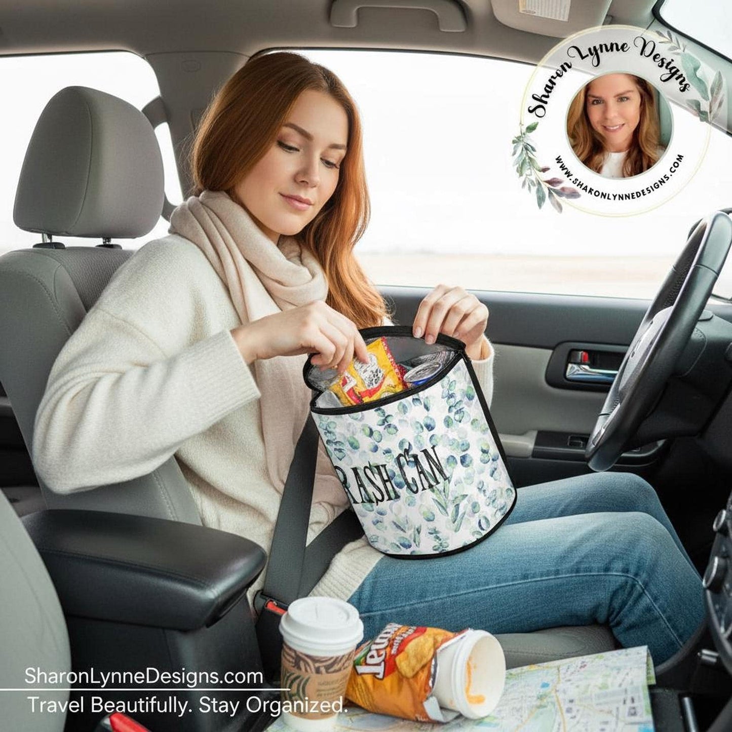 Floral Car Trash Can, Compact Hanging Bin for Travel and Vehicle Organization