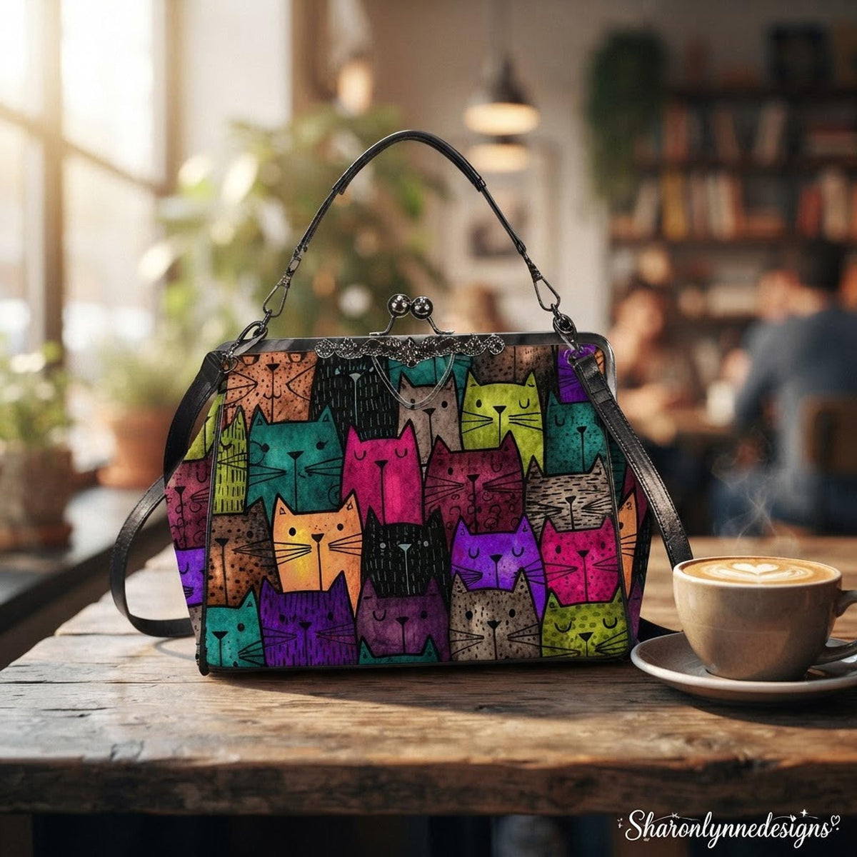 Cat Crossbody Bag, Colorful Retro Artwork, Waxed PU Leather Kisslock Frame