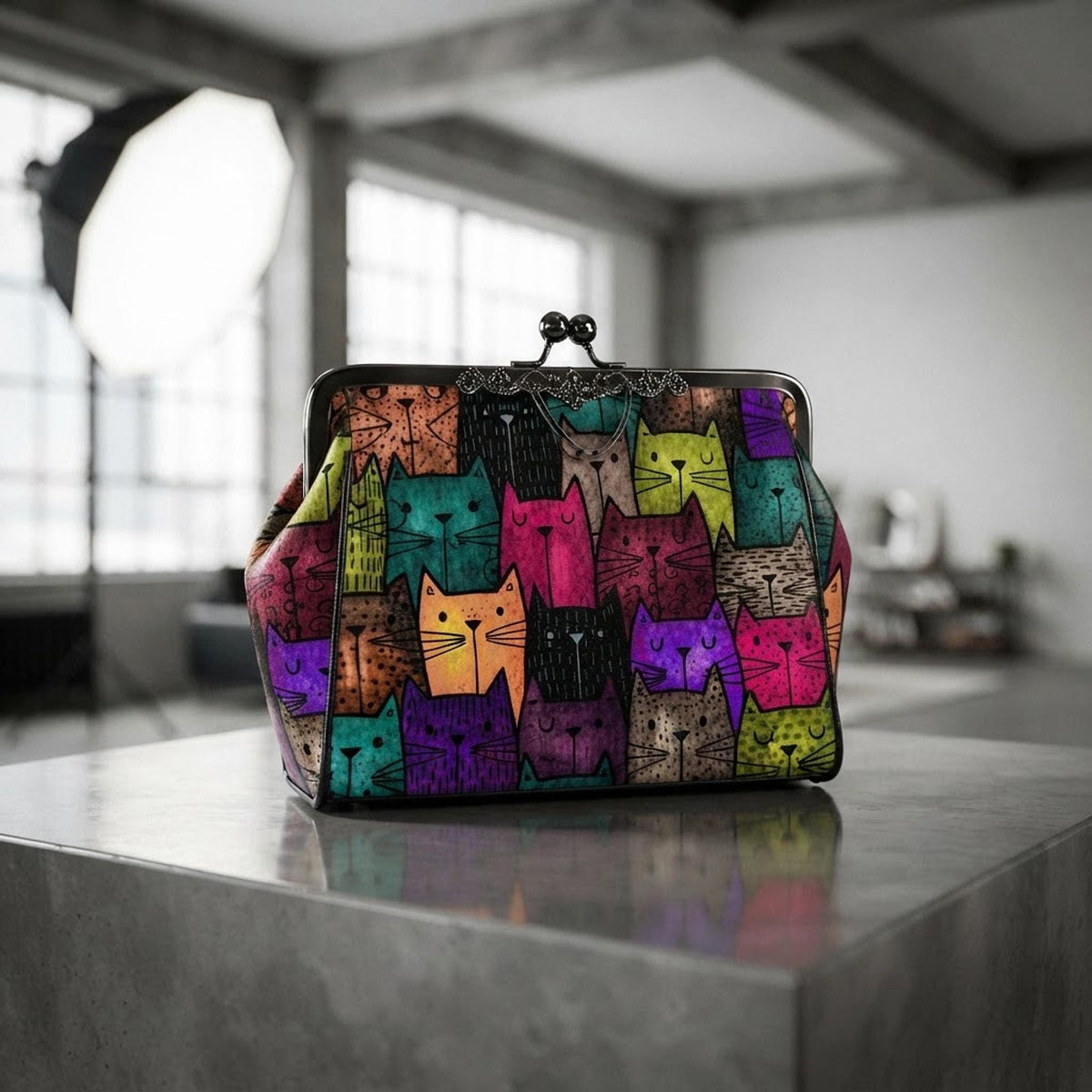 Cat Crossbody Bag, Colorful Retro Artwork, Waxed PU Leather Kisslock Frame