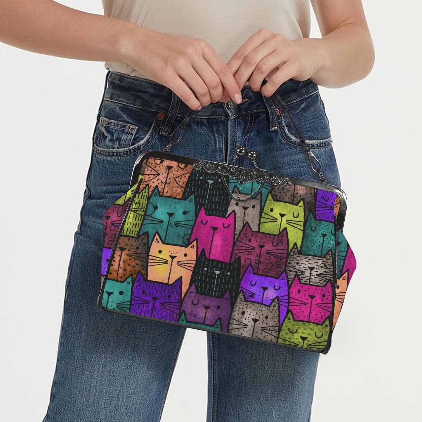 Cat Crossbody Bag, Colorful Retro Artwork, Waxed PU Leather Kisslock Frame