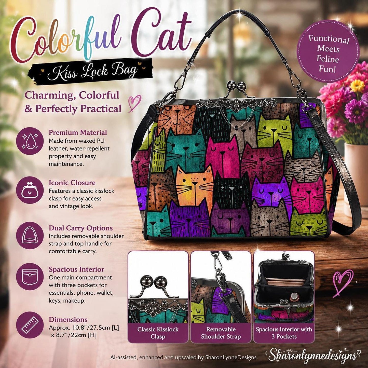 Cat Crossbody Bag, Colorful Retro Artwork, Waxed PU Leather Kisslock Frame