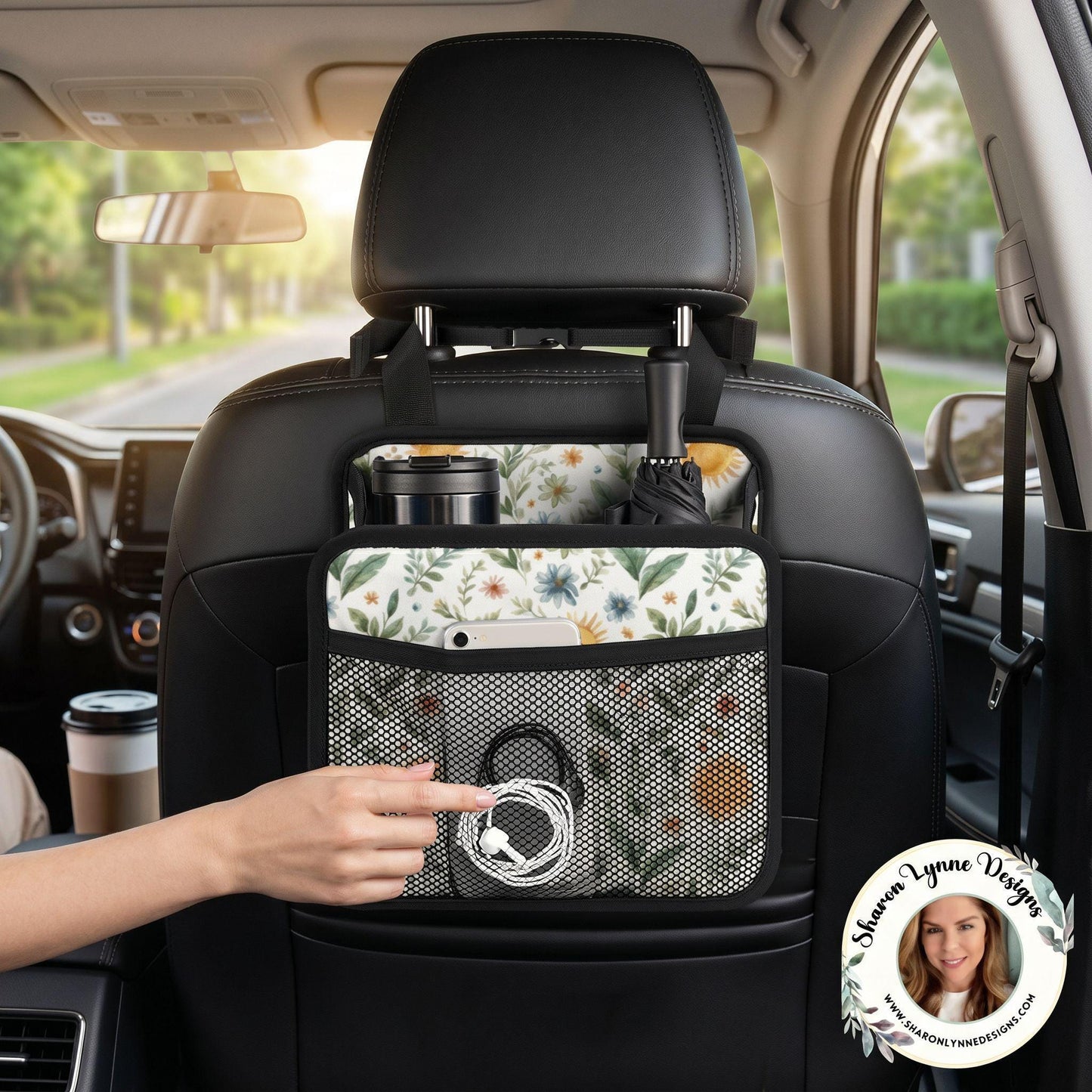 Compartment Backseat Organizer, Yellow Sunflower Print, PU Car Storage