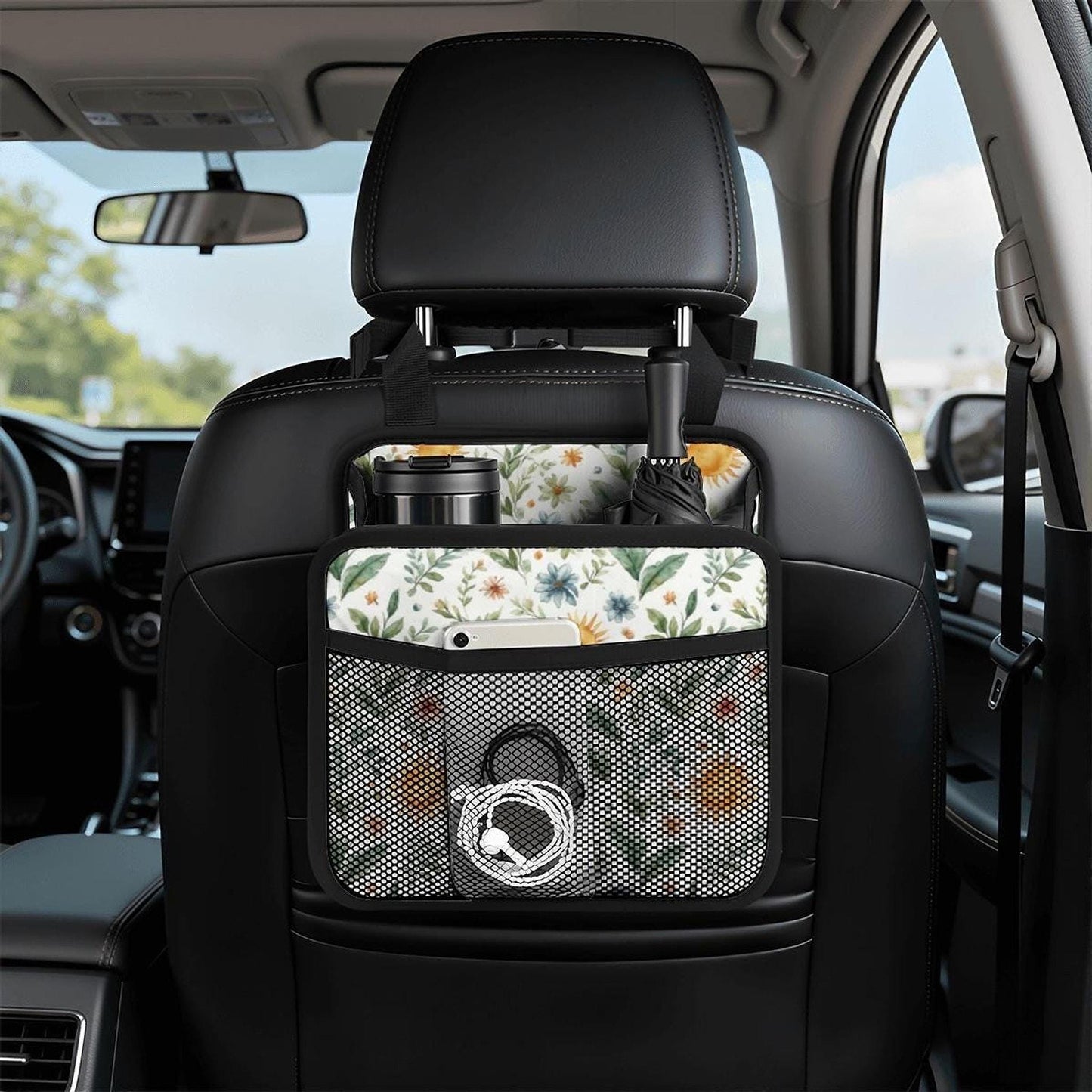 Compartment Backseat Organizer, Yellow Sunflower Print, PU Car Storage