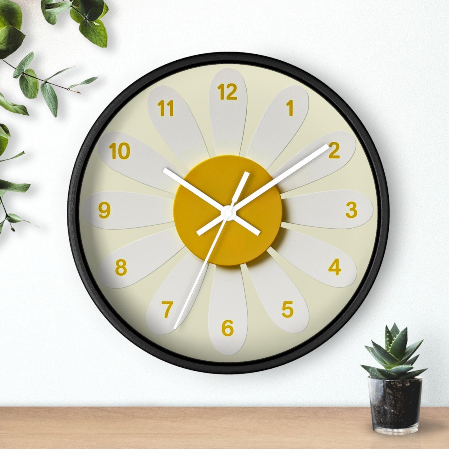 Handmade Hallway Daisy Flower Clock, 10-Inch Wood Frame, Plexiglass Face
