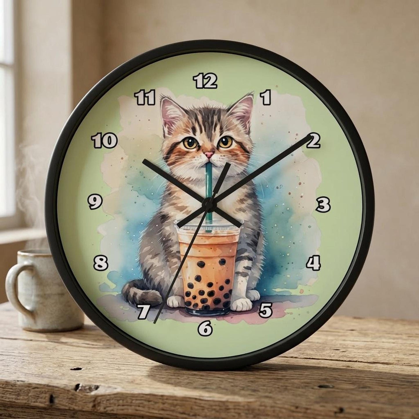 Timepiece Accessory, 10-Inch Wooden Wall Clock with Silent Movement, Bubble Tea Kitten