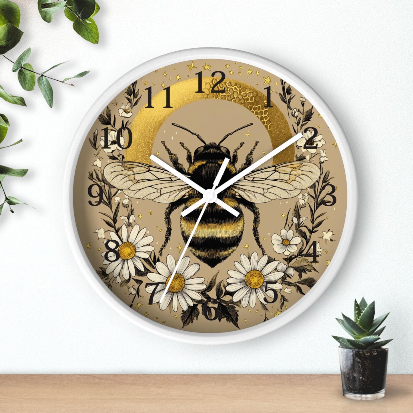 Bee Nature Wall Clock, Wooden Frame, Plexiglass Face, Whimsical Indoor Décor