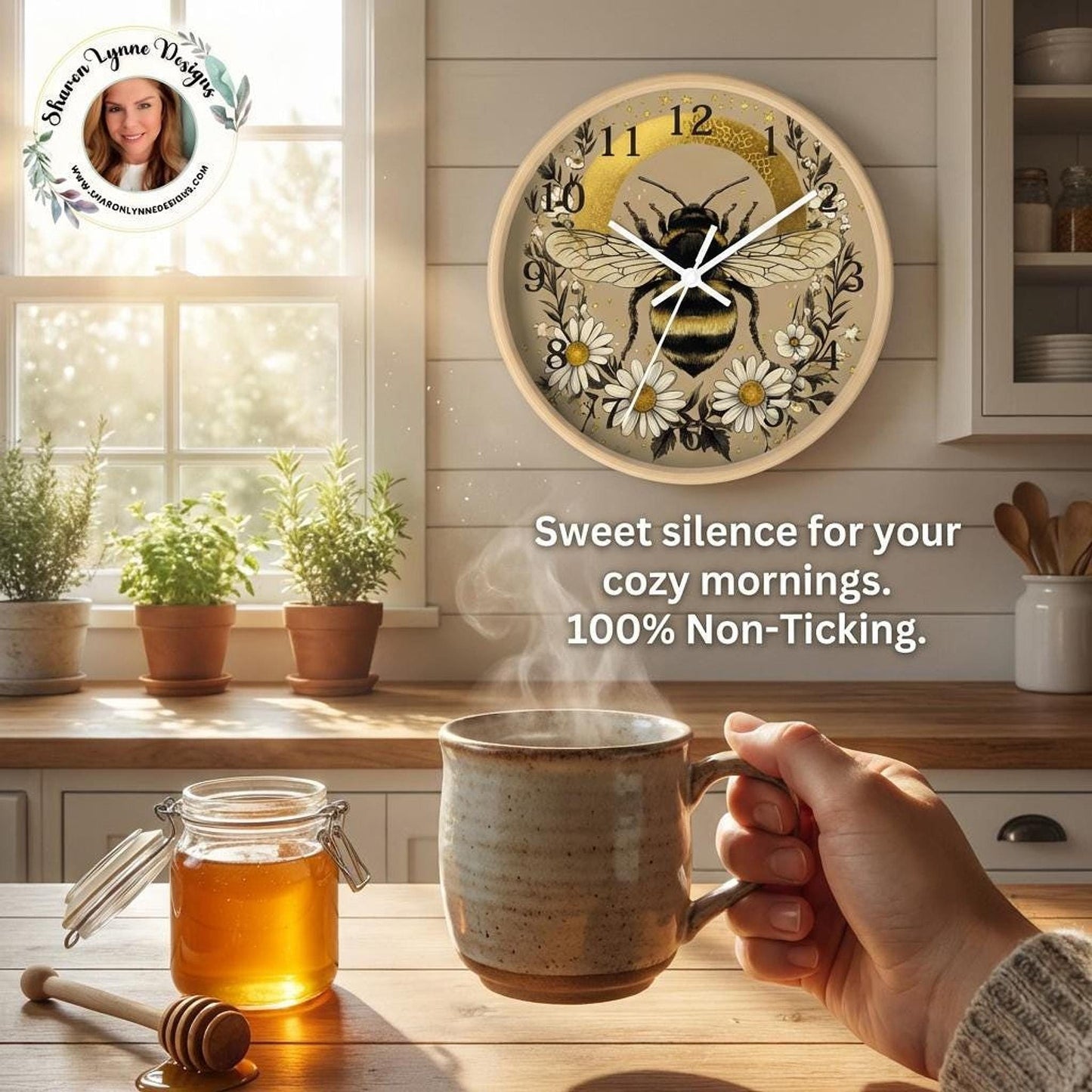 Bee Nature Wall Clock, 10 x 10 Inch Wooden Frame, Silent Plexiglass Face