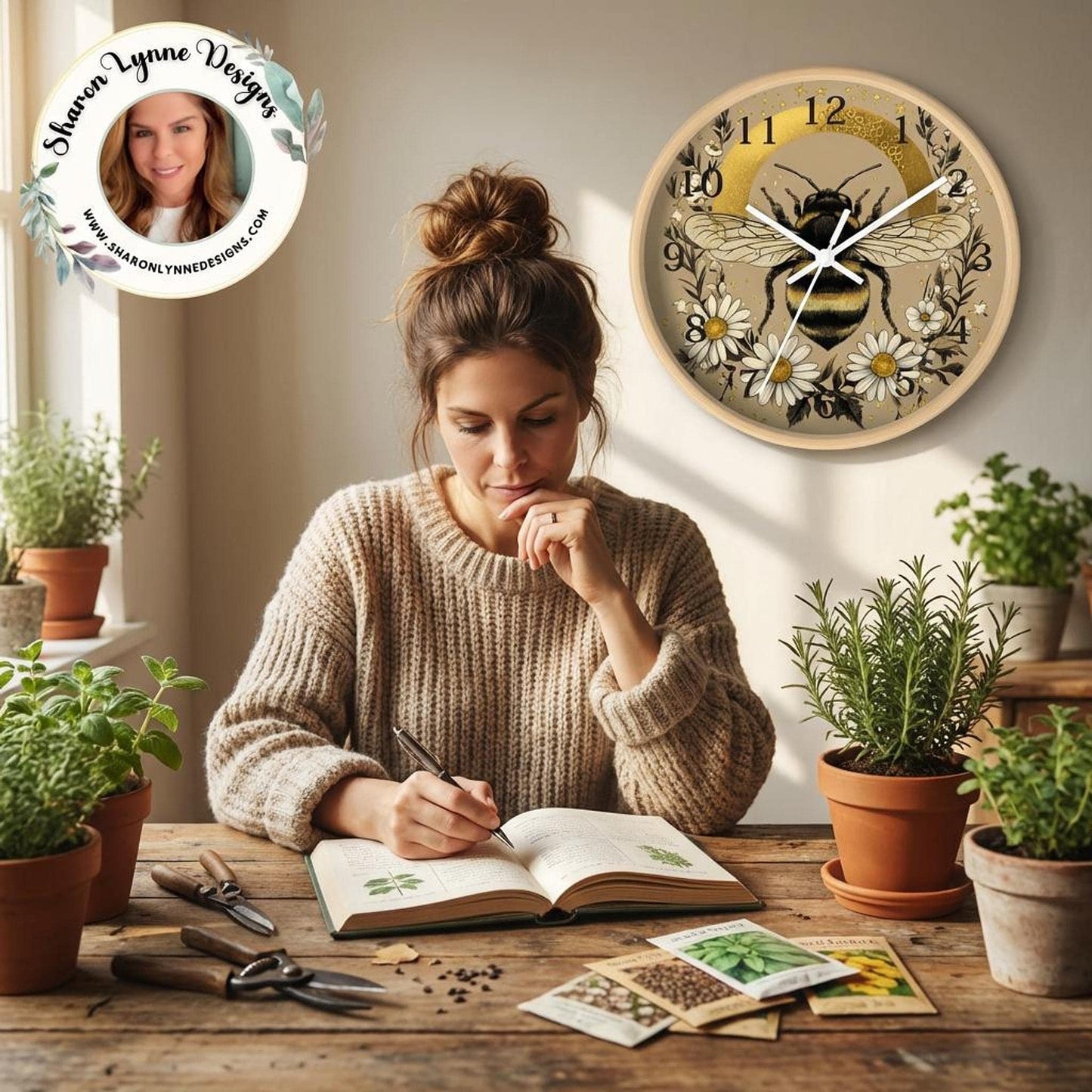 Bee Nature Wall Clock, Wooden Frame, Plexiglass Face, Whimsical Indoor Décor