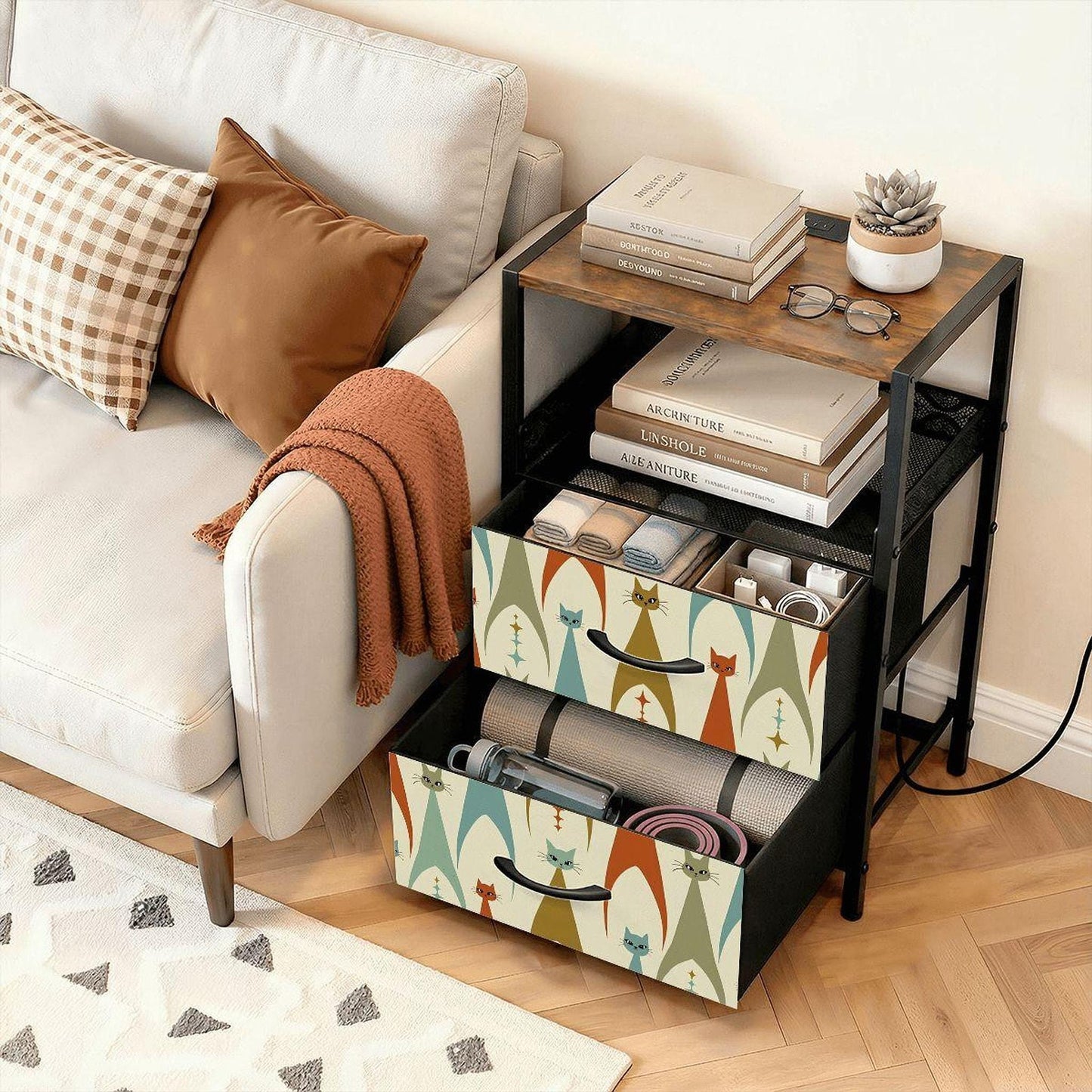 Bedside Table, Mid-Century Cat 2-Drawer Storage With Attached Power Strip