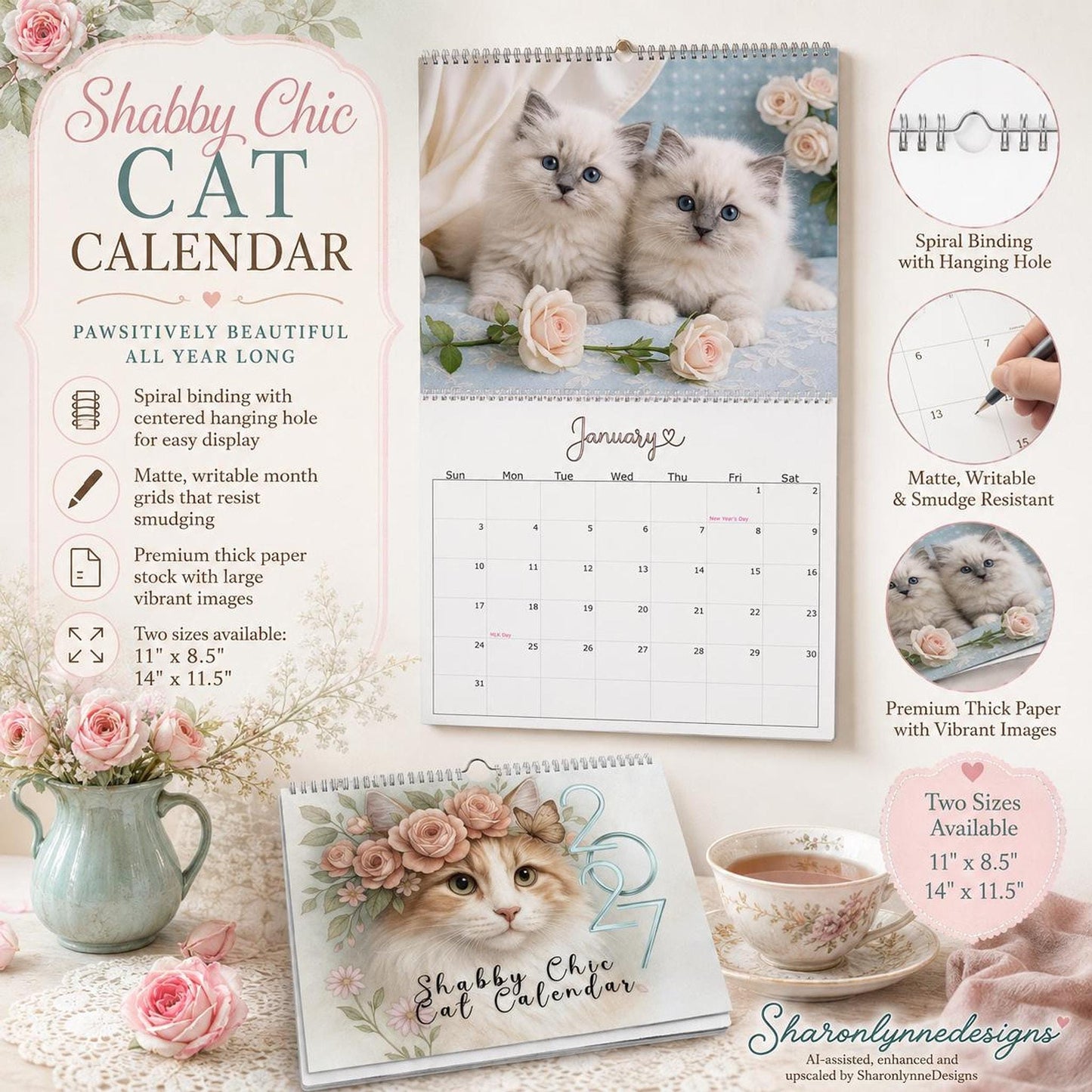 Shabby Chic Cat Wall Calendar 2027, Floral Kitten Monthly Planner in Two Sizes