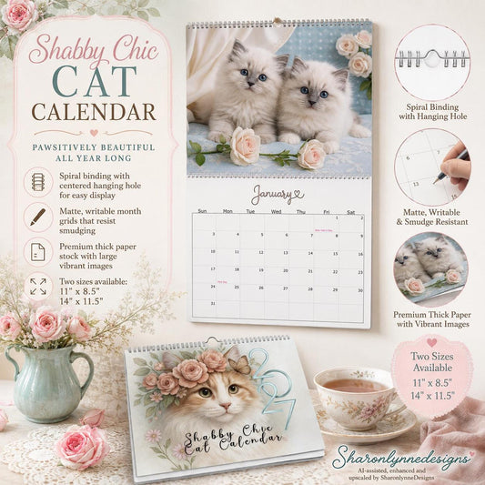 Shabby Chic Cat Wall Calendar 2027, Floral Kitten Monthly Planner in Two Sizes