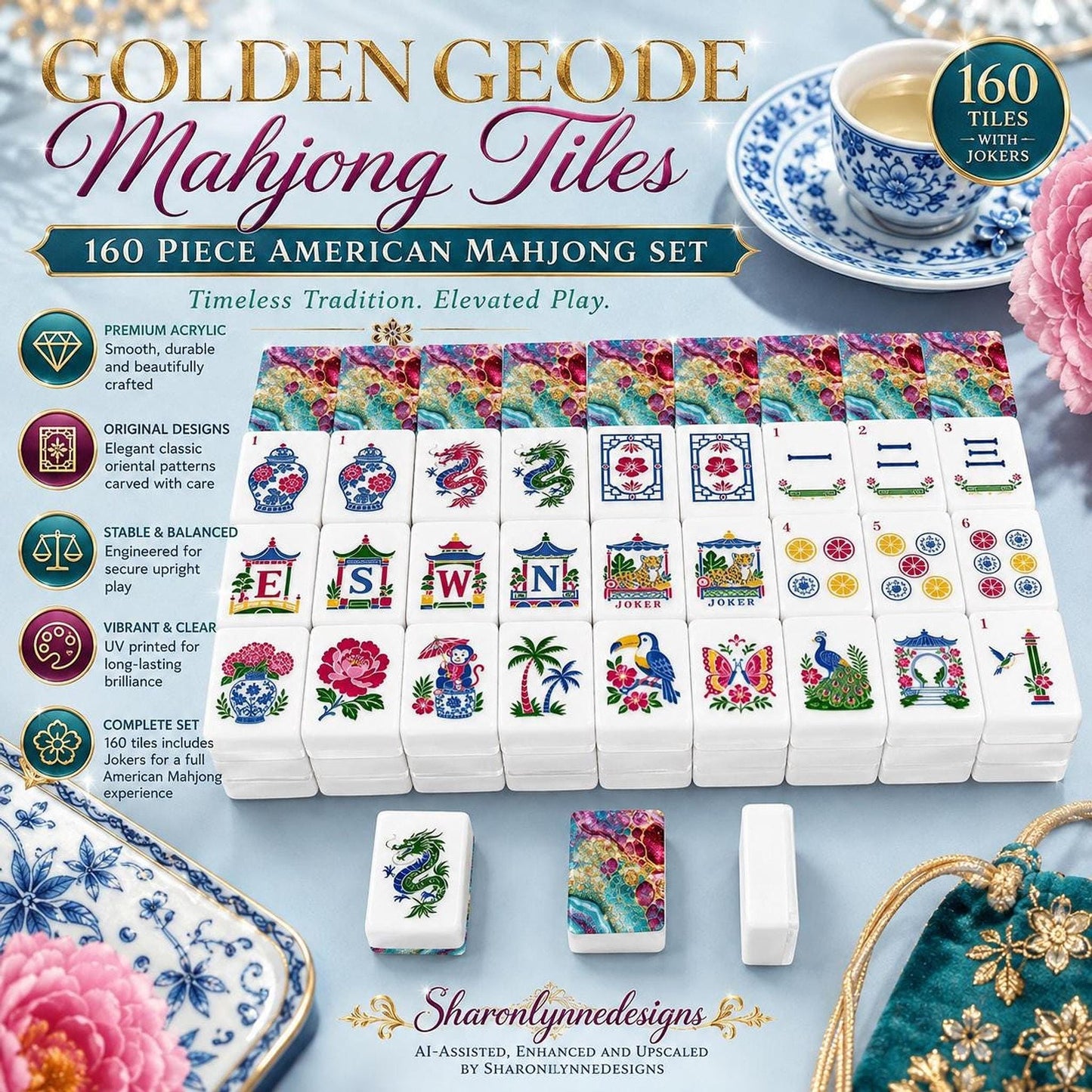 Golden Geode American Mahjong Set, Colorful Acrylic Tiles with Jokers