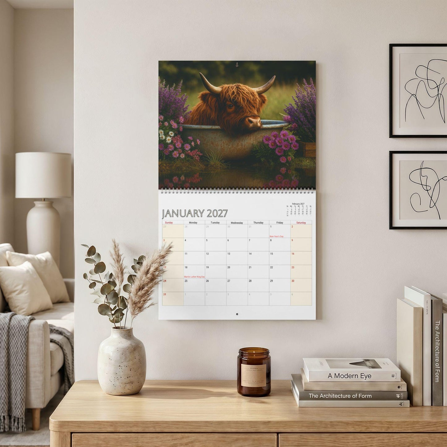 Highland Cow Wall Calendar 2027, Customizable Monthly Planner with Writable Grid