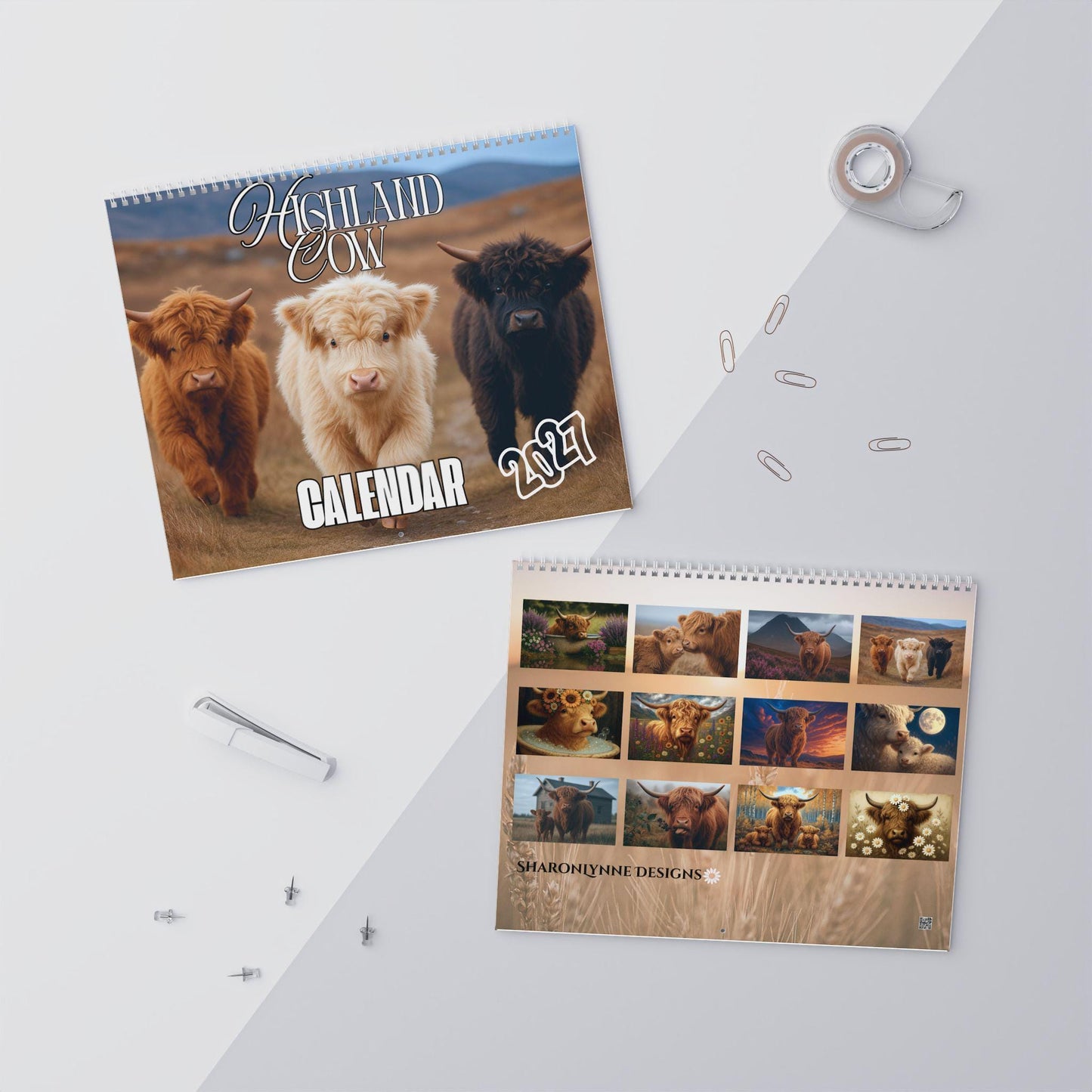 Highland Cow Wall Calendar 2027, Customizable Monthly Planner with Writable Grid